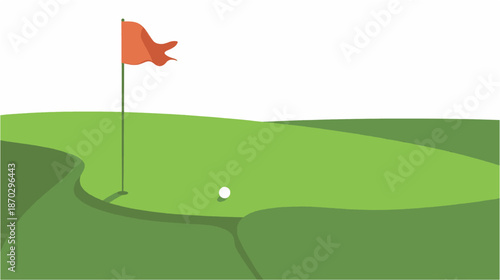 A golf ball rests on a green putting surface near a red flag on a golf course.