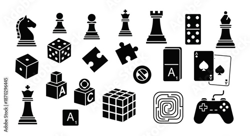 Collection of classic game elements including chess pieces dice dominoes cards puzzle pieces and a video game controller symbolizing fun strategy and recreation