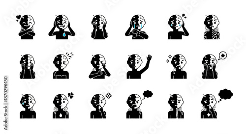 Expressive human emotion icons capturing joy, sadness, anger, and thought for dynamic visual storytelling