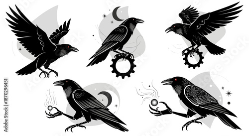 Mysterious black ravens with glowing red eyes and intricate mechanical details evoke dark fantasy and futuristic themes.