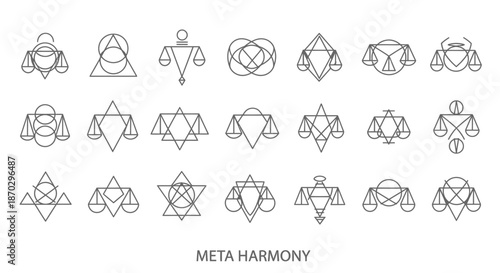 Modern geometric balance scales and abstract symbols collection for law justice and spiritual design projects