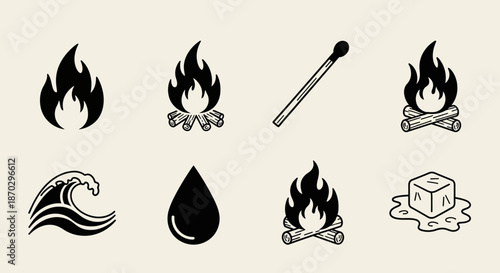 Dynamic elemental icons depicting fire, water, ice, and a matchstick for powerful visual storytelling and modern design concepts