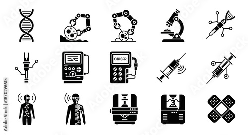 Revolutionary biotechnology icons depict DNA, CRISPR, robotics, and medical innovations for scientific advancement and research breakthroughs.