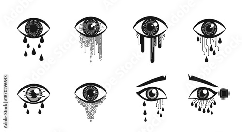 Digital tears flow from futuristic eyes, expressing AI emotion, data loss, and technological melancholy