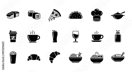 Delicious food and drink icons for menus, recipes, and culinary projects, capturing diverse global tastes with modern appeal.