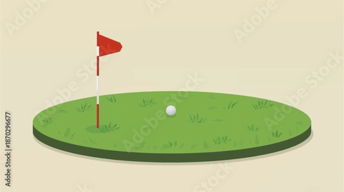 A simple illustration of a golf putting green with a white golf ball and a red flag in the hole, ready for play.
