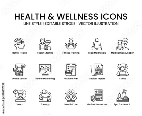 Health and wellness icon set line style. include mental health, online doctor, life style and more.