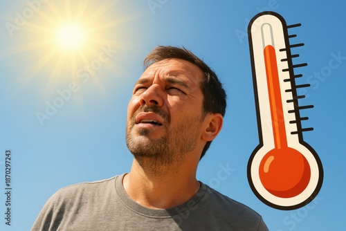 Sun's Scorching Gaze: A man is acutely aware of the intensity of the sun's rays, epitomizing the discomfort of high temperatures and the concept of heat waves.