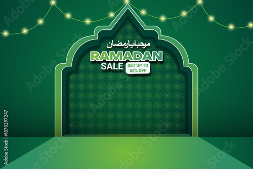 Ramadan sale, product discount background for the month of Ramadan. Ramadan-themed vector illustration with green and yellow colors