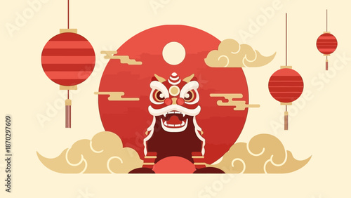 Chinese Lion Dance Illustration with Lanterns.