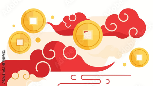 Golden Ingots with Red Clouds Illustration.