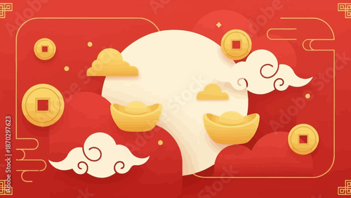 Golden Ingots and Coins on Red Background.