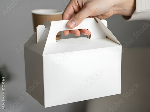 Close-up of a hand holding a blank white cardboard takeaway lunch box or cake box with handle, mockup template