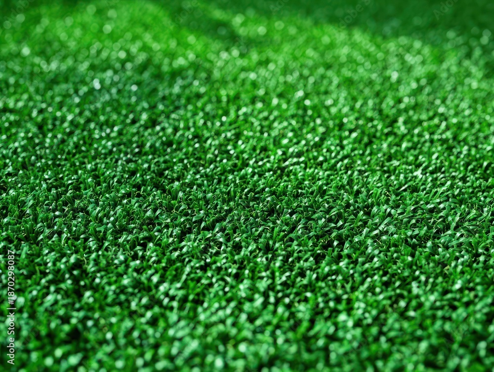 Fototapeta premium Close-up view of dense, vibrant green artificial grass surface with uniform texture and slight shadows creating depth