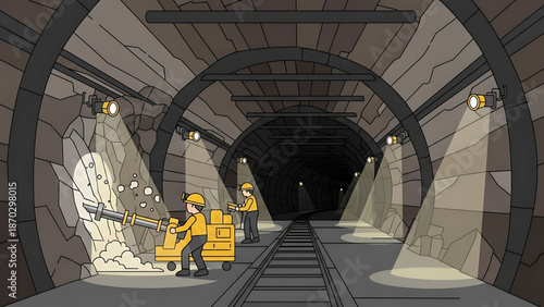 Mining tunnel construction with workers operating heavy machinery and drilling into rock face, illustrating industrial progress and underground excavation