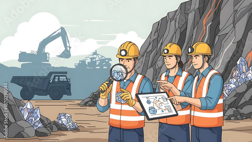 Mining team using technology and tools to inspect mineral samples at an excavation site