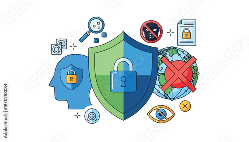 Digital security and data protection concept with shield, padlock, and various icons representing privacy, cybercrime prevention, and secure information.