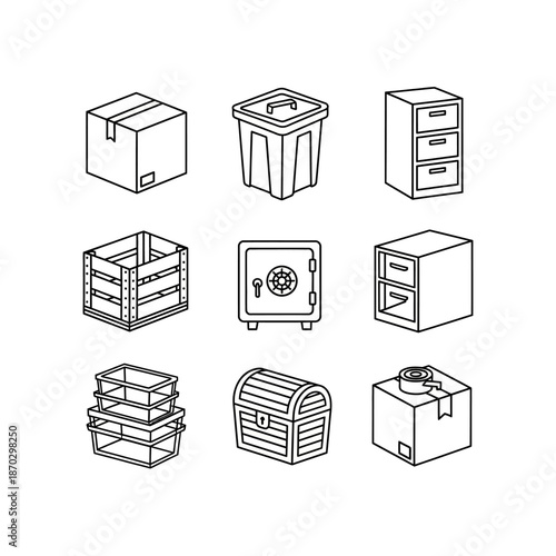 A set of nine isometric line art icons featuring different storage items such as boxes, bins, filing cabinets, a safe, and a treasure chest.