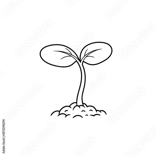 A sprout rises from soil, featuring a slender stem and two round leaves in black and white