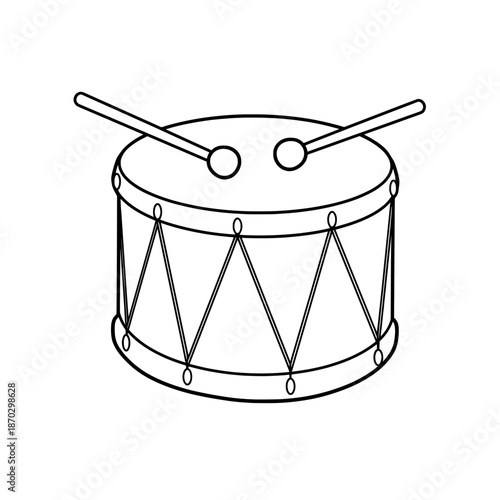Black and white drawing of drum. It has ropes, two drumsticks on top