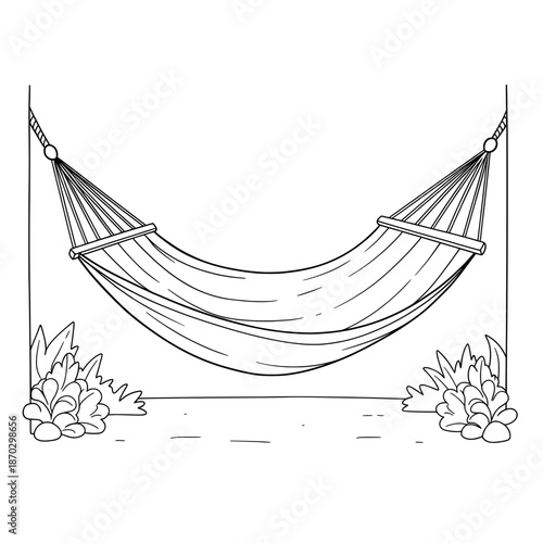 Hammock Relaxing
Description Outlined hammock hangs between two poles with leafy plants at base, drawing lines style