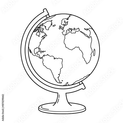 Outlined globe of the Earth continents, positioned with stand on white background