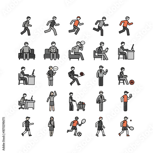 A diverse collection of simple human figure icons depicting various daily activities, work, sports, and leisure.