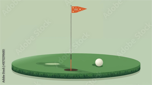 A golf ball rests on a green putting surface next to the hole and a flagstick with an orange flag.