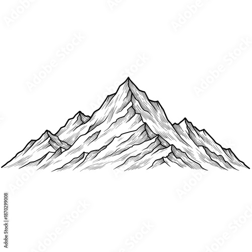 Monochromatic rugged peaks in a hand-drawn, etched mountain illustration