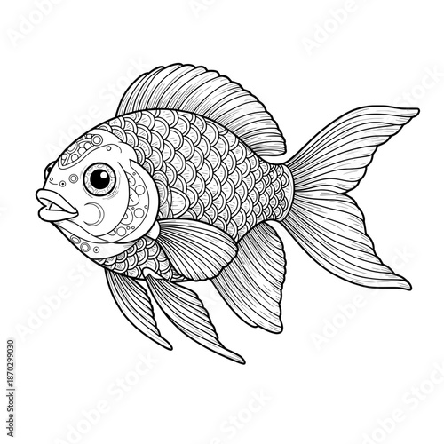 Stylized line drawing of a fish showing fins, body scales and circle details around the eye