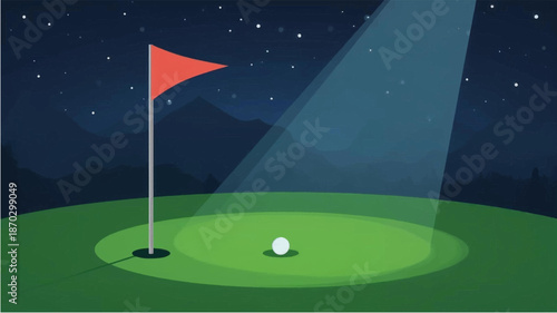 A golf ball sits on a green next to a red flag under a spotlight at night, with mountains and stars in the background.