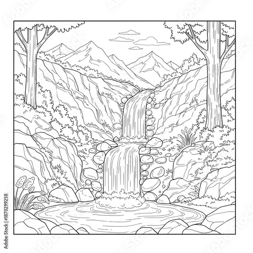 Waterfall Cascading water flowing down a rocky stream in a mountain valley under a cloudy sky