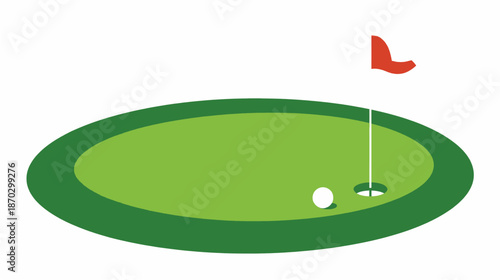 An illustration of a golf putting green with a white golf ball near the hole and a red flag, set against a white background.