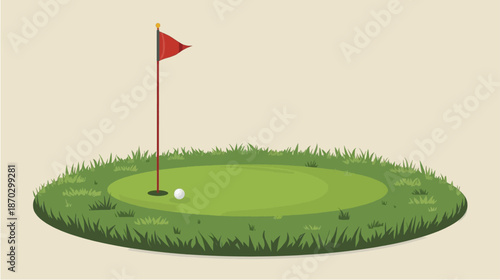 A simple illustration of a golf putting green with a red flag and a white golf ball on a patch of grass.