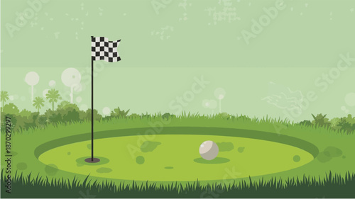 A golf ball sits on a green putting surface next to a hole with a checkered flag, surrounded by lush green grass and trees.