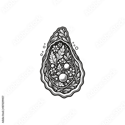 Ornamental oyster shell illustration with pearls and intricate floral patterns, decorative sea shell vector isolated on white background.
