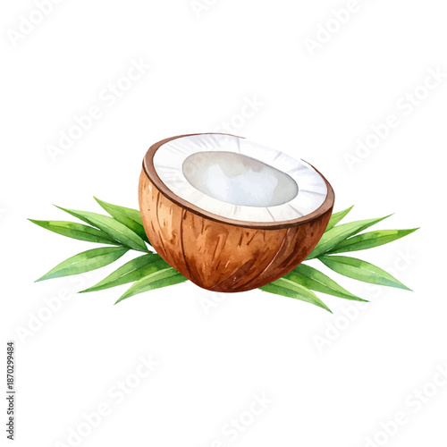 Coconut in a glass bowl with leaves on a tropical background