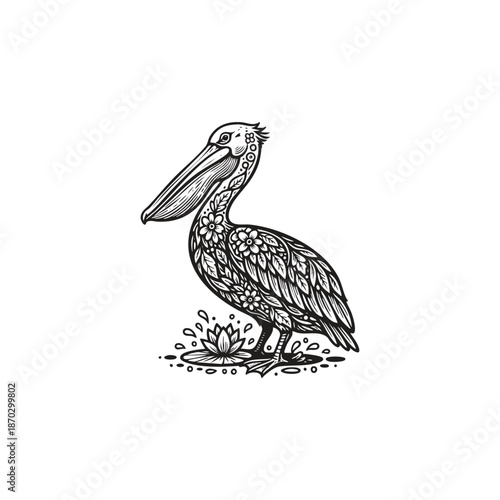 Ornamental pelican illustration with intricate floral patterns and mandala details, decorative water bird vector isolated on white background.