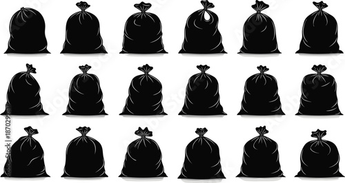 Garbage bag silhouettes set, trash sack icons collection, waste management concept illustration, black plastic rubbish bags isolated on white background