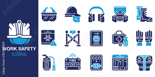 Work Safety Icon set. Containing vest, caution, warning, accident, injury, prevention and more. Solid vector icons collection. Vector illustration.