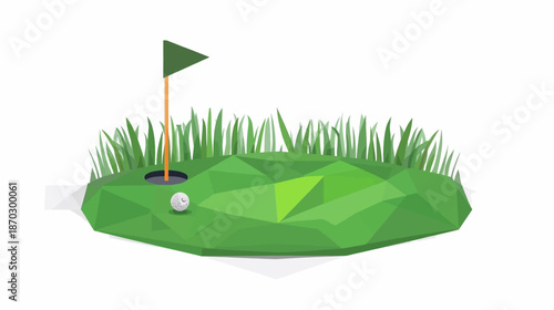 A low-poly golf green with a flagstick, hole, and golf ball on a white background, rendered in a geometric style.