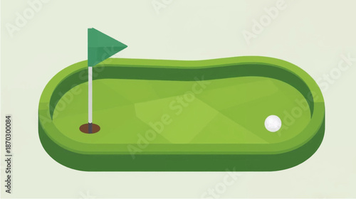 An illustration of a miniature golf putting green with a flag and a white golf ball.