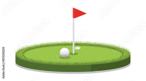 A golf ball rests on a green putting surface next to the hole with a red flag, ready for a putt.