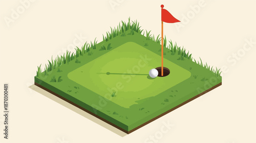 Isometric illustration of a golf putting green with a hole, red flag, and golf ball.
