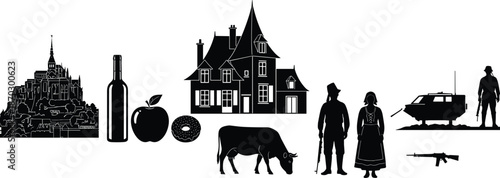 Vintage rural life silhouette set featuring farmhouse villagers livestock food objects weapons vehicle landscape isolated on white background vector illustration