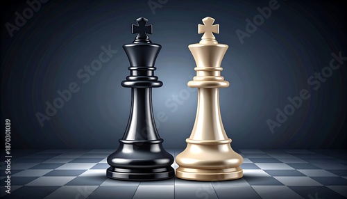 Black and white king chess pieces stand on a checkered board