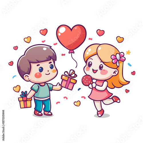 Cute chibi cartoon boy and girl holding hands under a red umbrella with floating hearts, symbolizing love and affection.