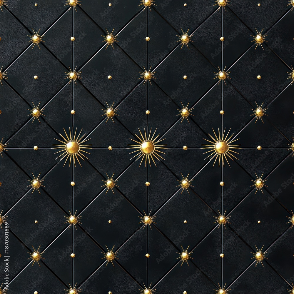 Fototapeta premium luxurious black quilted leather panel with gold studs and radiant sunburst ornaments in a symmetrical diamond grid evoking elegant opulence