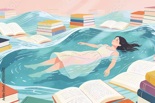 Woman Soaking in Pool of Knowledge Books Illustrator Artwork Creative Design Template 