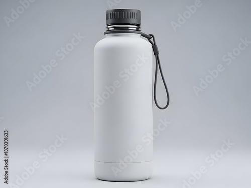Blank white insulated water bottle with black lid and carrying strap, ideal for branding mockups